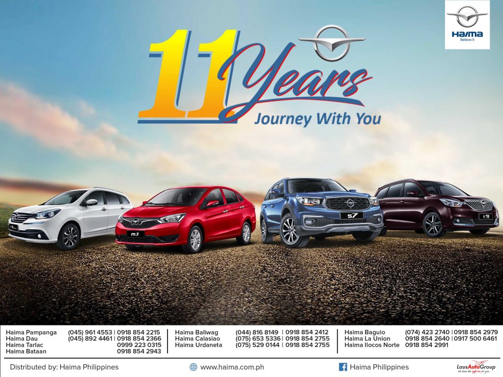 City of San Fernando – Haima Philippines, the exclusive distributor of Haima cars under the LausAutoGroup umbrella – celebrates 11 years of memorable journeys with its customers. Haima is a promising brand of automobiles established in the City of San Fernando, Pampanga on January 27, 2010. It delivers top notch, technology-driven, modern passenger cars, SUV’s and MPV’s that over-exceed its believers’ expectations. Paired with its craftsmanship, sturdiness, reliability and comfort, its remarkably low price in comparison with its market peers make value-for-money an absolute proposition.