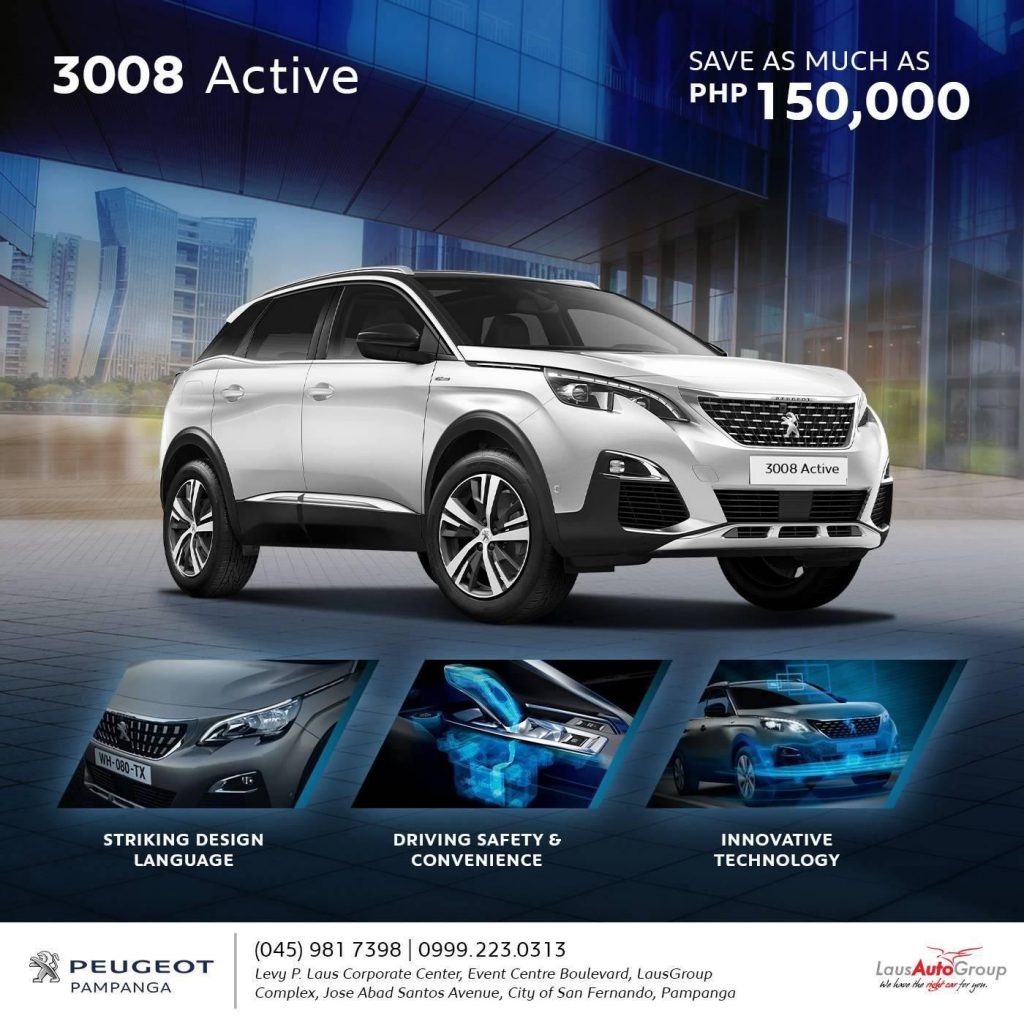 Own the Peugeot 3008 SUV Active with savings as much as Php 150,000 and rule every day with a fearless Lion. Send us a message or call 09992230313 to find out more.