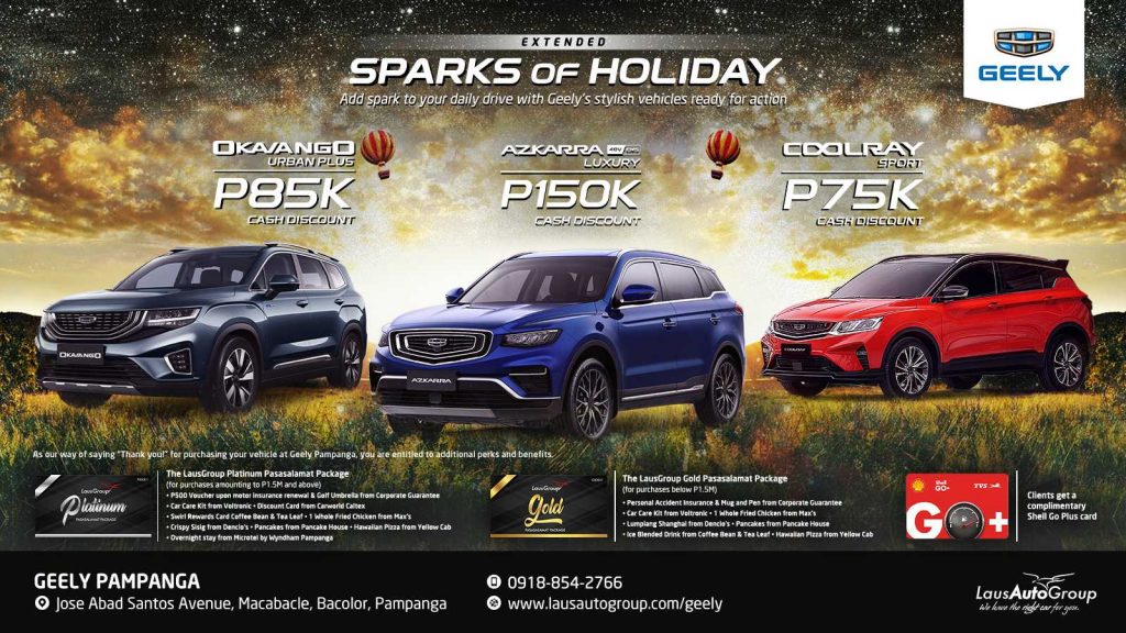 Make this your chance to drive home your Geely vehicle as we EXTEND our Sparks of Holiday offers for Okavango, Azkarra and Coolray! Call us at 0918542766 to find out more.