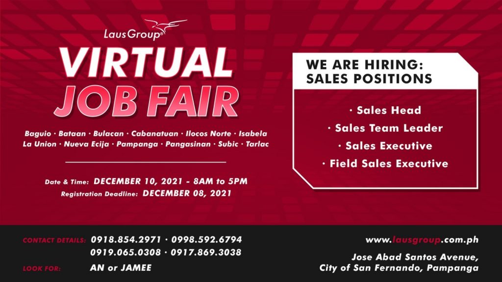 WE ARE HIRING! Join our virtual job fair on December 10, 2021 from 8:00 am – 5:00 pm. The deadline for registration will be on December 08, 2021. Register here: https://forms.gle/Bsy8bfj6TfSApSqG6