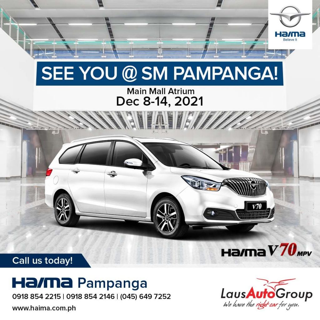 Luxury meets affordability with the Haima V70! Drive this ideal family car for as low as P40K all-in down payment. See you at SM City Pampanga on December 8-14, 2021.