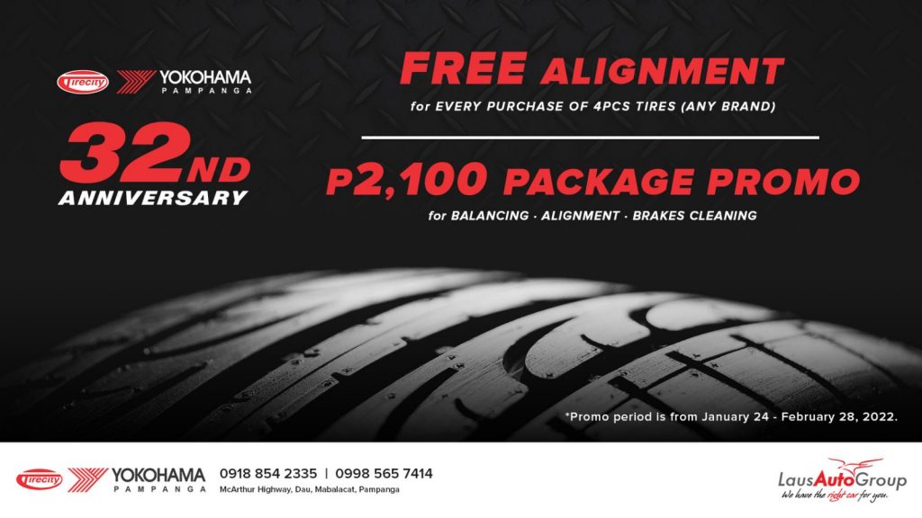 FREE alignment for every purchase of tires in time for our anniversary! Call 09 188542335 or send us a message for inquiries.