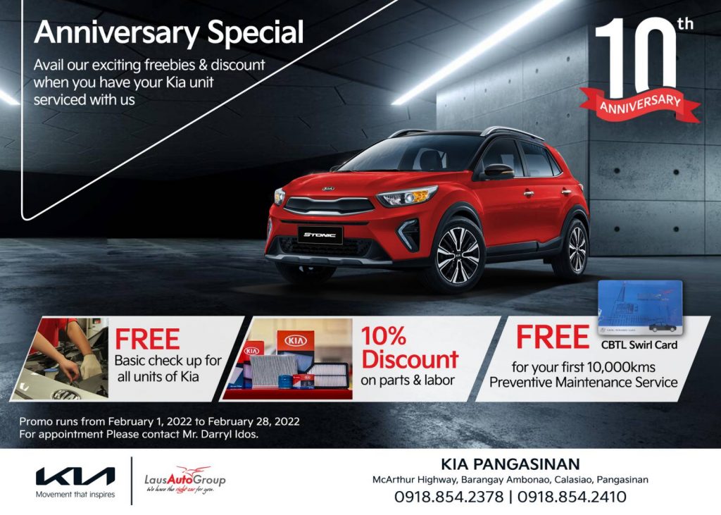 Get the best of Kia Service with 10% discount on parts and labor, FREE CBTL Swirl card and avail of a FREE basic check up for all units of Kia in time for our 10th Anniversary. Book an appointment today!