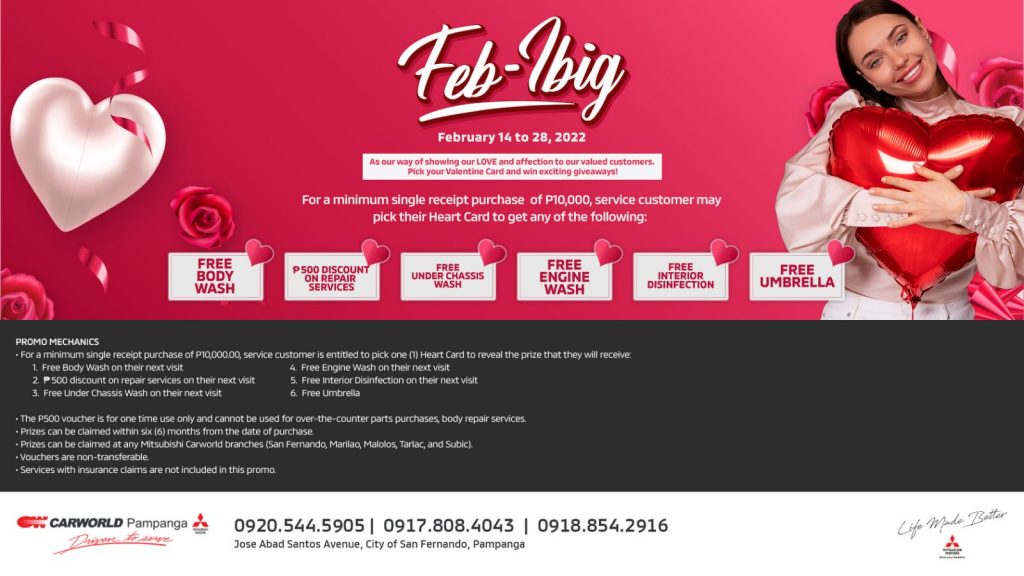 Valentine's treat from Carworld! For a minimum single receipt purchase of Php 10,000, service customer may pick our heart card. Schedule your appointment today.