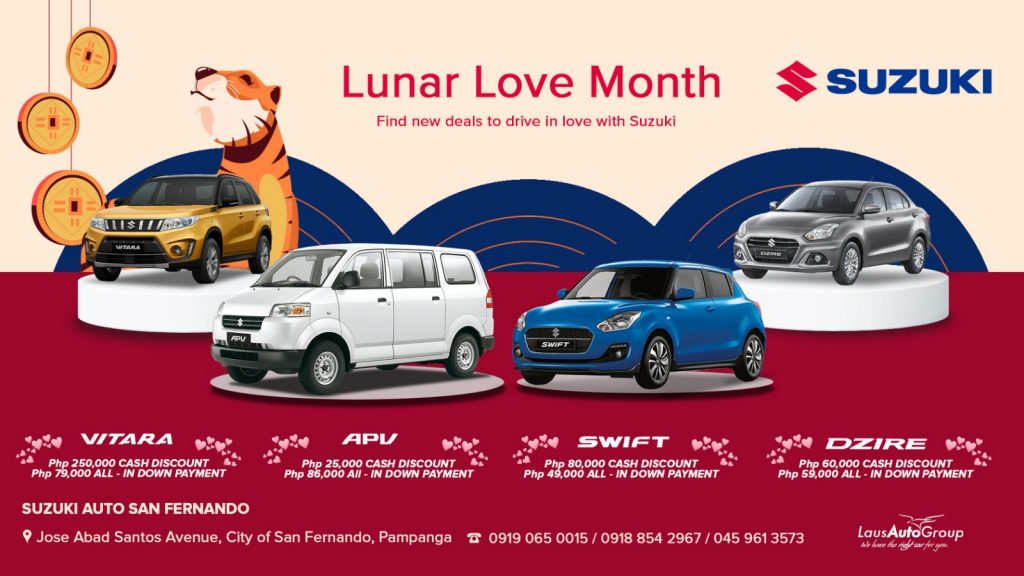 Hop in to prosperity in driving a new Suzuki as we offer #LunarLoveMonthAtSuzuki! Check out our offerings on Vitara, APV, Swift, and Dzire that you should never miss!