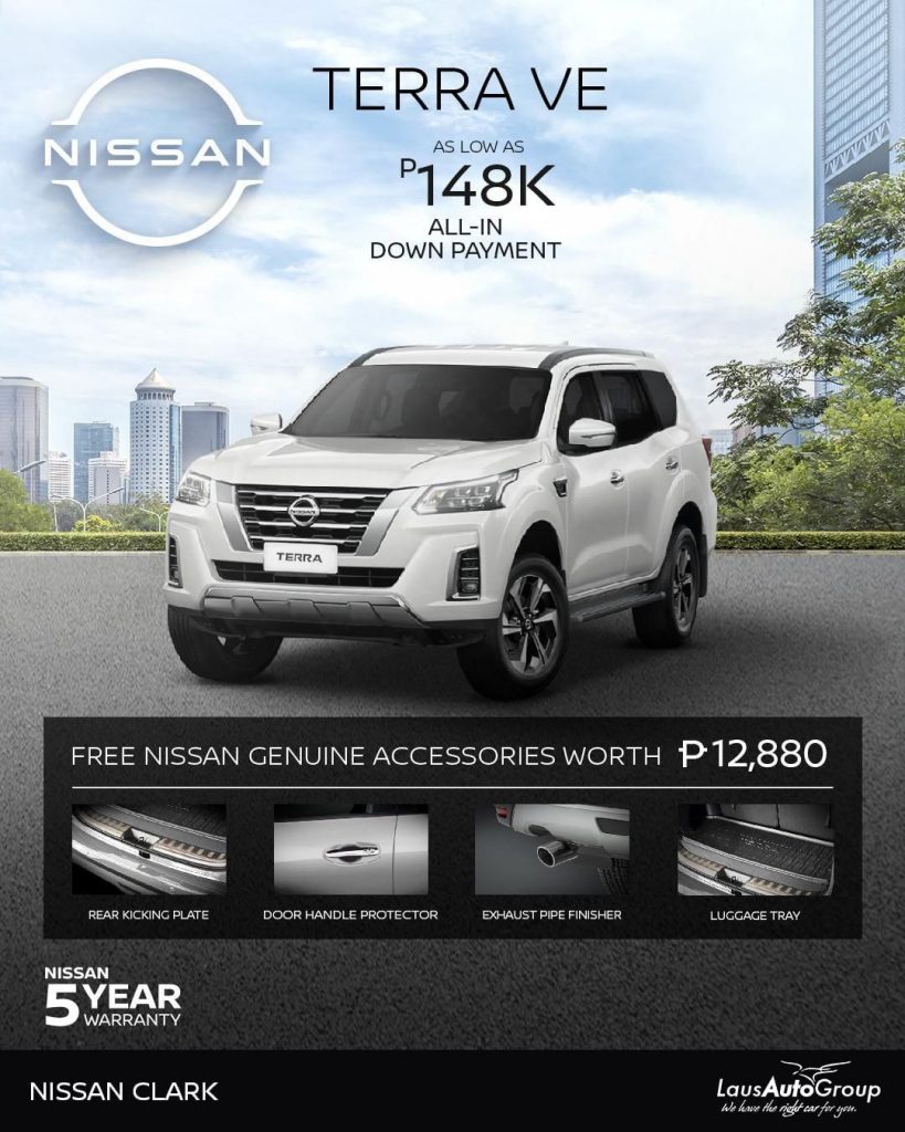 You can always count on your Nissan Terra VE to take you anywhere! Yours at Php 148,000 all-in down payment with FREE Nissan Genuine Accessories worth Php 12,880. Call us at 09190658730 or 09188542997 to find out more.