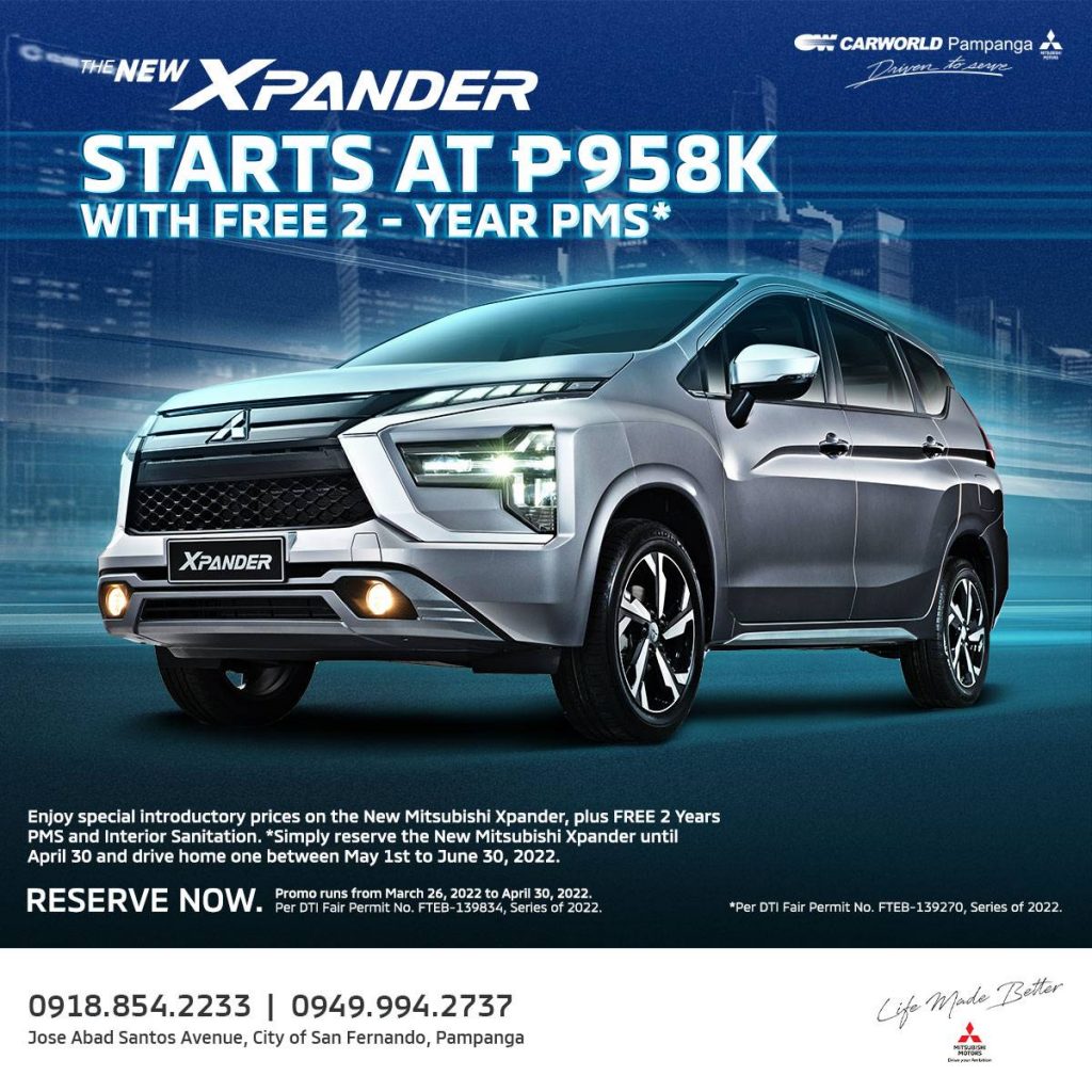 The New Mitsubishi Xpander is offered at special introductory prices, plus FREE 2 Years PMS and Interior Sanitation. Just reserve the New Xpander until April 30, 2022 and purchase within May 1 to June 30, 2022.