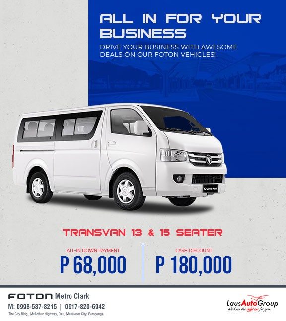 For business or for public service, we got your multiple transportation solutions! Choose the perfect one for you from these wide range of vehicles! Drop by Foton Metro Clark or call us at  09985878215 / 09178206942 to find out more.