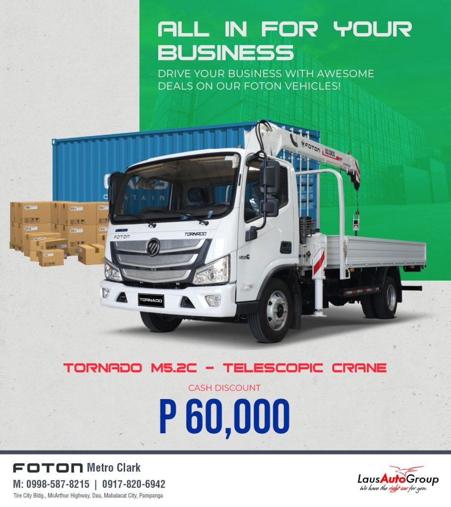 Put your business in action and get ready to drive towards success with the FOTON'S toughest truck line-up! Drop by Foton Metro Clark or call us at 09985878215 / 09178206942 to find out more.