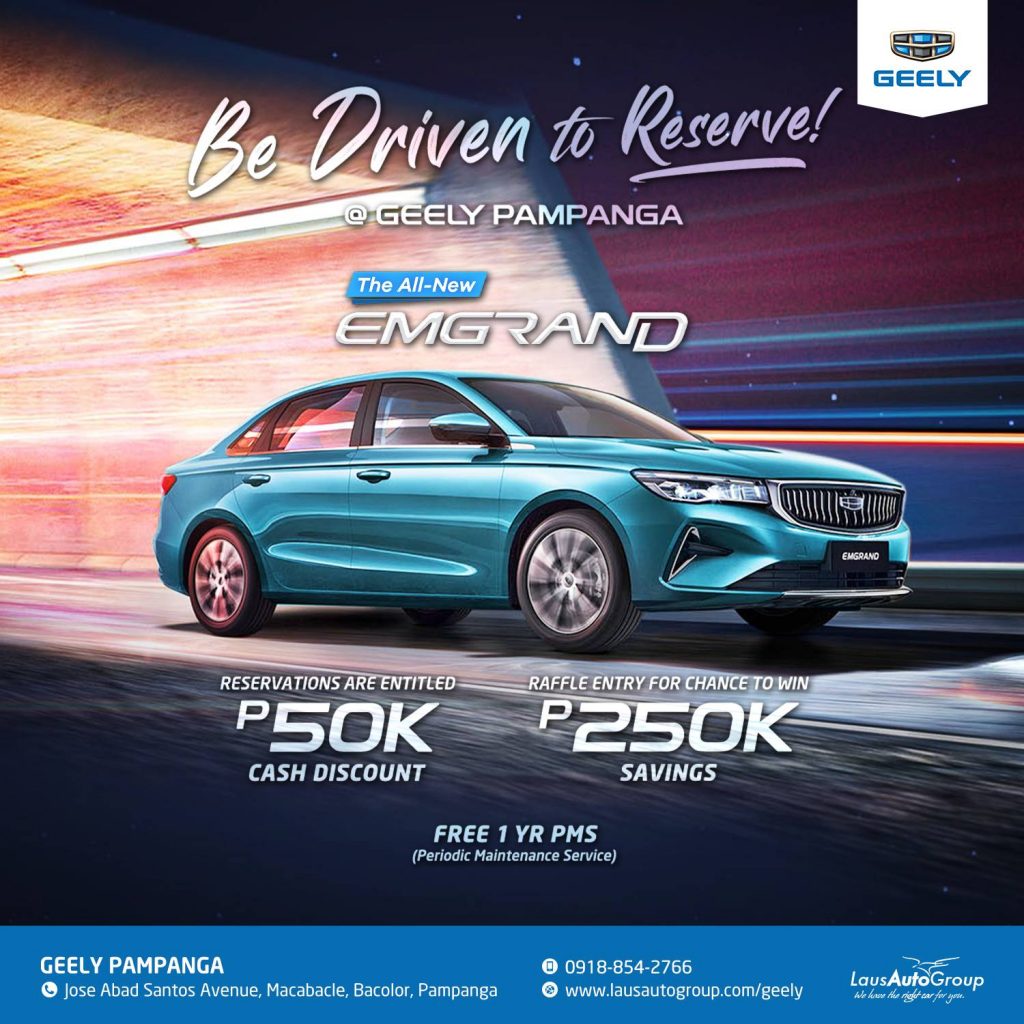 Be driven to stand out as you chase bigger dreams with the all-new Geely Emgrand! Reserve now at Geely Pampanga and enjoy P50K cash discount, chance to win a P250K Savings Voucher and FREE 1 Year Periodic Maintenance Service. Call us today at 09188542766 or visit our dealership to find out more.
