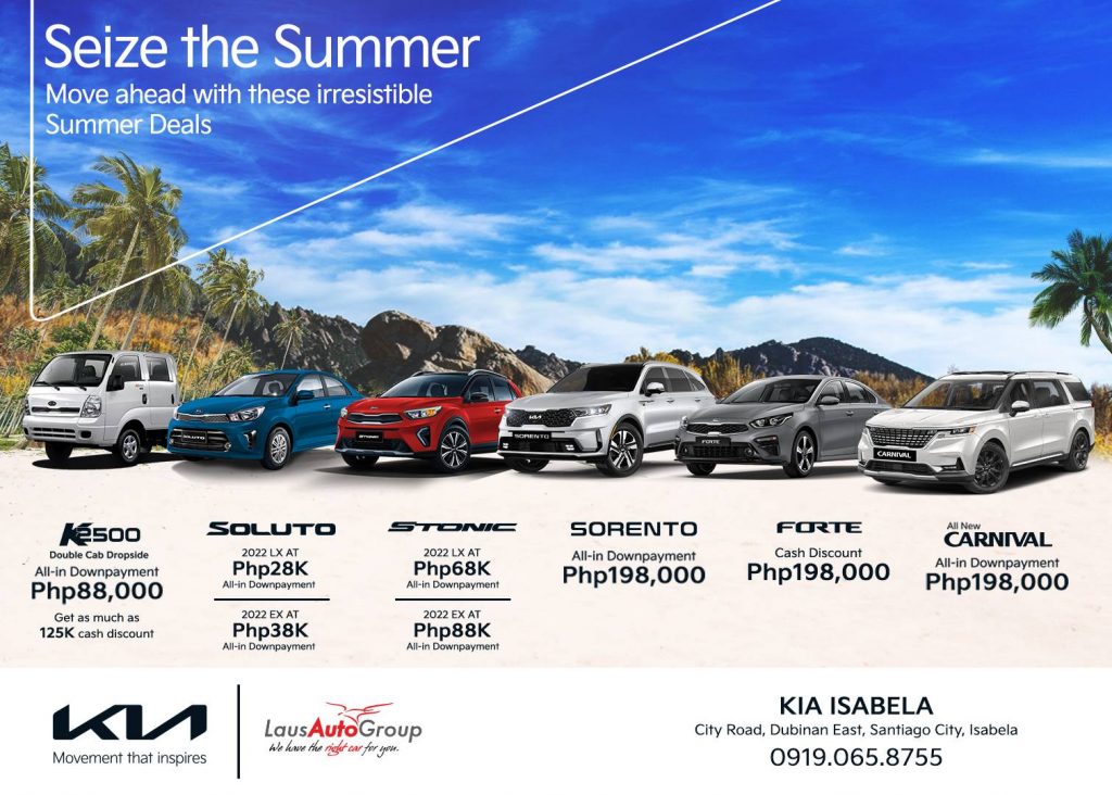Summer just got hotter with these irresistible deals from Kia Baliwag! Check out our Kia K2500, Soluto, Stonic, Sorento, Forte or Carnival with low down payment and huge cash discount. Send us a message now.