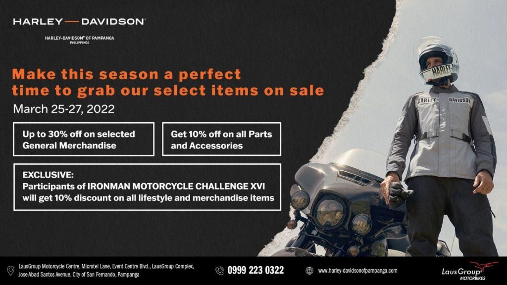 Check out our summer clearance on authentic parts and genuine accessories of #HarleyDavidson that suits your style and taste! Head over in our showroom in Pampanga from March 25-27, 2022 to grab this 3-day sale on select items. Call or send us a message to find out what's in store for you in our lifestyle and general merchandise.