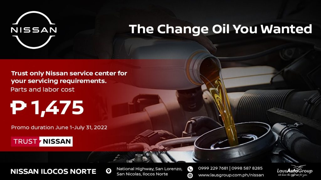 Need an oil change? You've come to the right place. Let's go over the horizon with the new Go-to oil change plan. We offer promo for those Out-of-warranty a basic gas change oil for only 1,457.00 and out-of-warranty more than 3 years old vehicle; April 25, 2019 below! Enjoy your time back in the driver's seat and schedule an appointment at Nissan service center. Save money and perform better for an unbeatable exciting drive of Nissan.