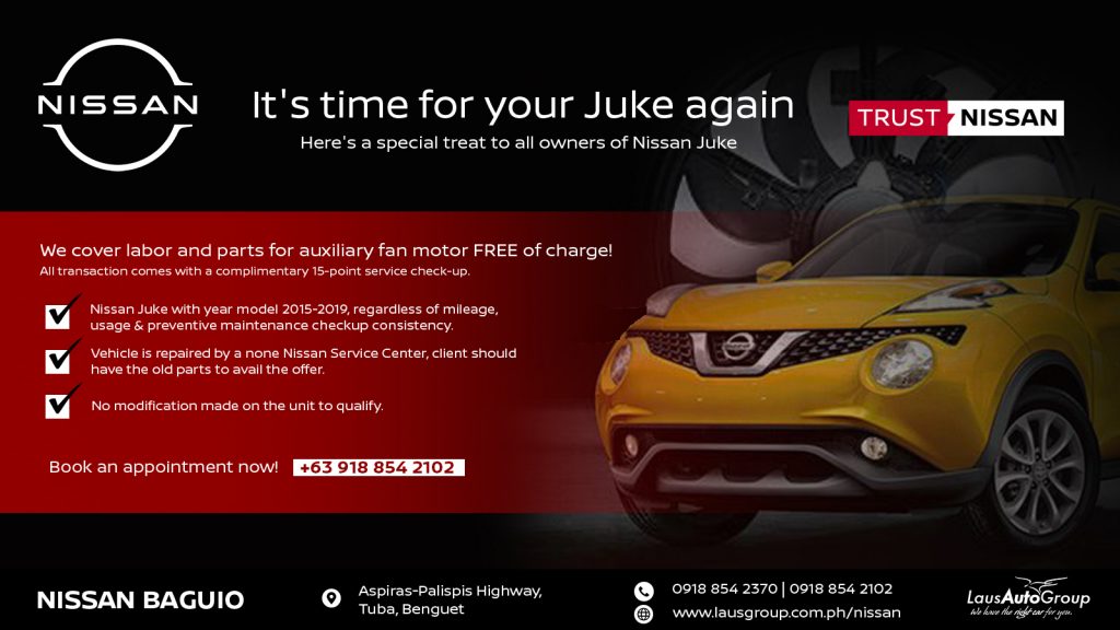 SERVICE DEAL FOR THE MONTH | We cover auxiliary fan motor services for cooling performance and efficiency of your Nissan Juke! Schedule a service appointment today and get a complimentary 15-point check up at Nissan dealership.