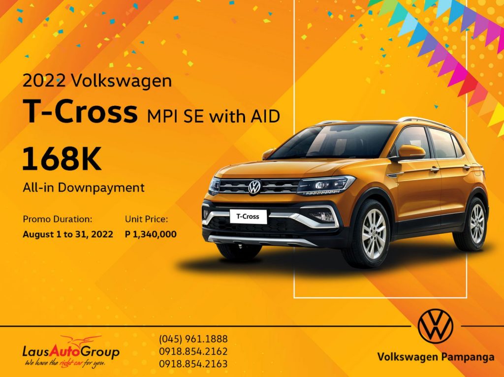 Drive home a Volkswagen T-Cross this August. With its striking and dynamic crossover design, the T-Cross impresses the moment you get behind the wheel. Enjoy our promo of this month and experience the versatility, style and performance of the T-Cross today!
#VolkswagenPampangaxLausAutoGroup